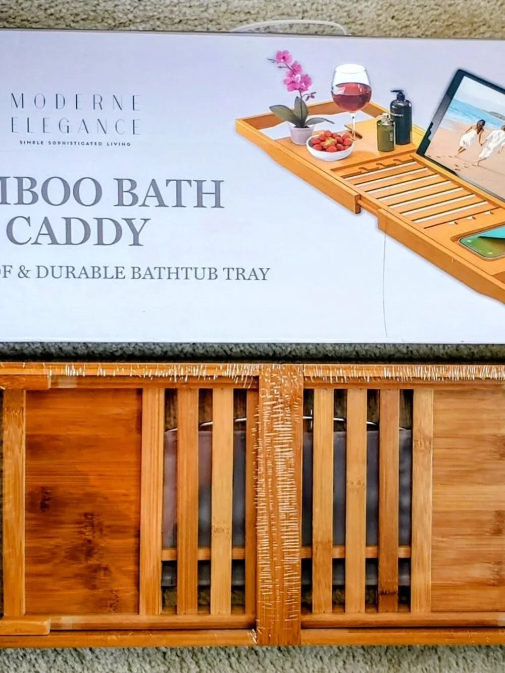 Moderne Elegance Bamboo Bath Caddy – Waterproof & Adjustable Bathtub Tray.